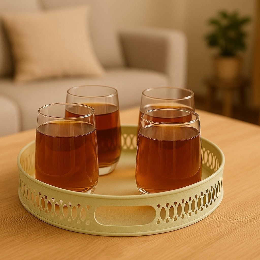 Set Of 4 Wine Glasses With Ivory Metal Tray | Premium Whisky Liqueur Glass Set With Serving Tray For Home Bar, Parties & Gifting