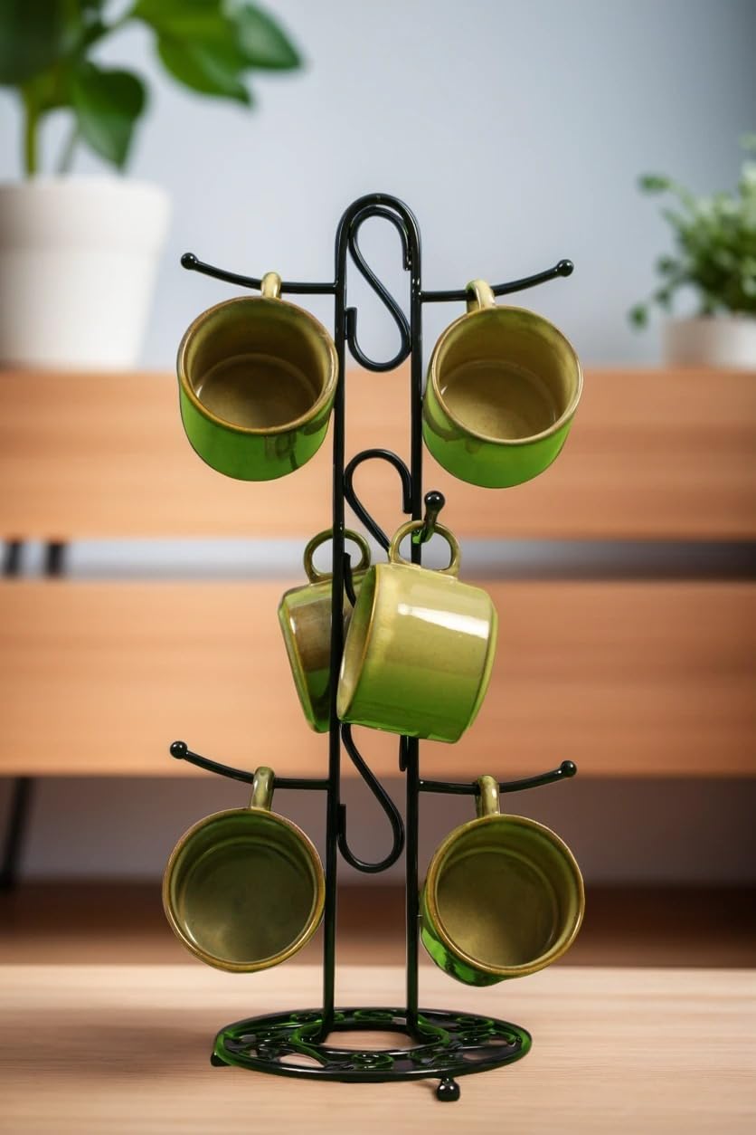 Premium Green Ceramic Cup Set with Metal Stand | 6 Pcs Tea & Coffee Mugs | Elegant Glossy Finish Drinkware with Space-Saving Holder | Durable Kitchen & Gifting Mug Set