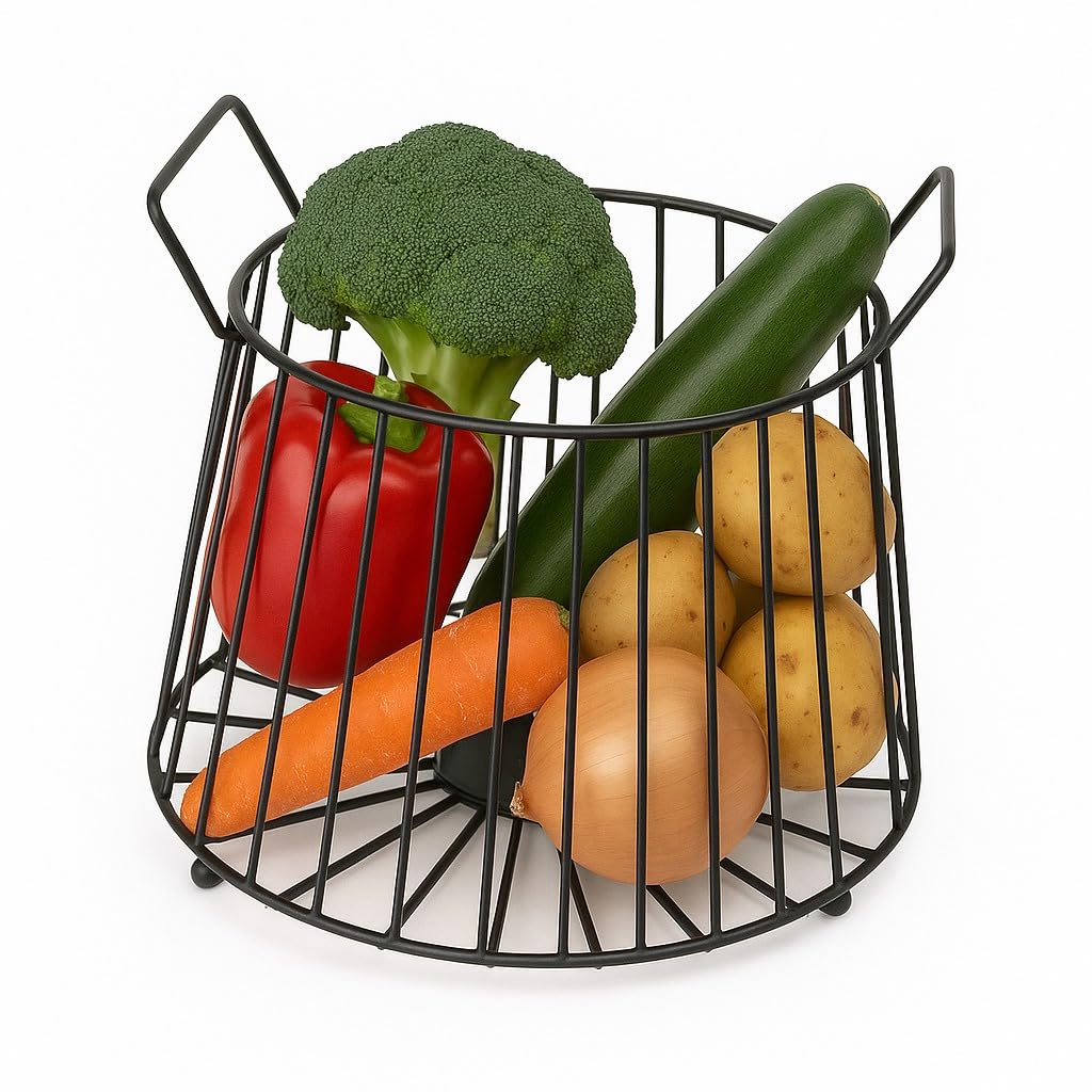 Modern Metal Fruit Basket | Round Wire Storage Basket with Handles | Decorative Kitchen & Dining Table Organizer