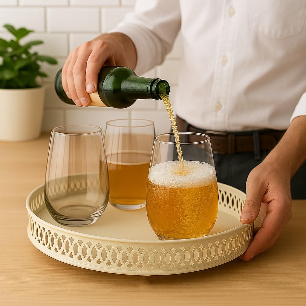 Set Of 4 Wine Glasses With Ivory Metal Tray | Premium Whisky Liqueur Glass Set With Serving Tray For Home Bar, Parties & Gifting