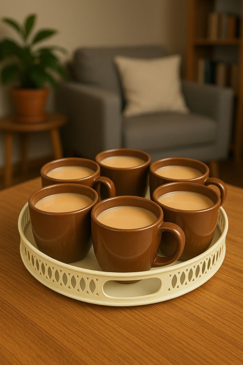 Premium Brown Ceramic Tea & Coffee Cup Set with Serving Tray | 6 Pcs Elegant Drinkware Set | Durable Glossy Finish Mugs with Designer Round Tray | Ideal for Home, Office & Gifting