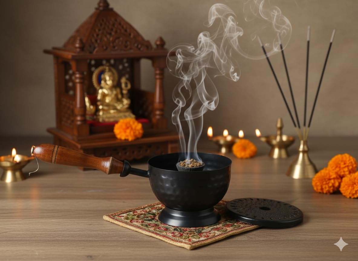 Metal Loban Incense Burner with Wooden Handle | Perforated Lid Dhoop Dani Dhuni Sambrani Burner with Charcoal Holder