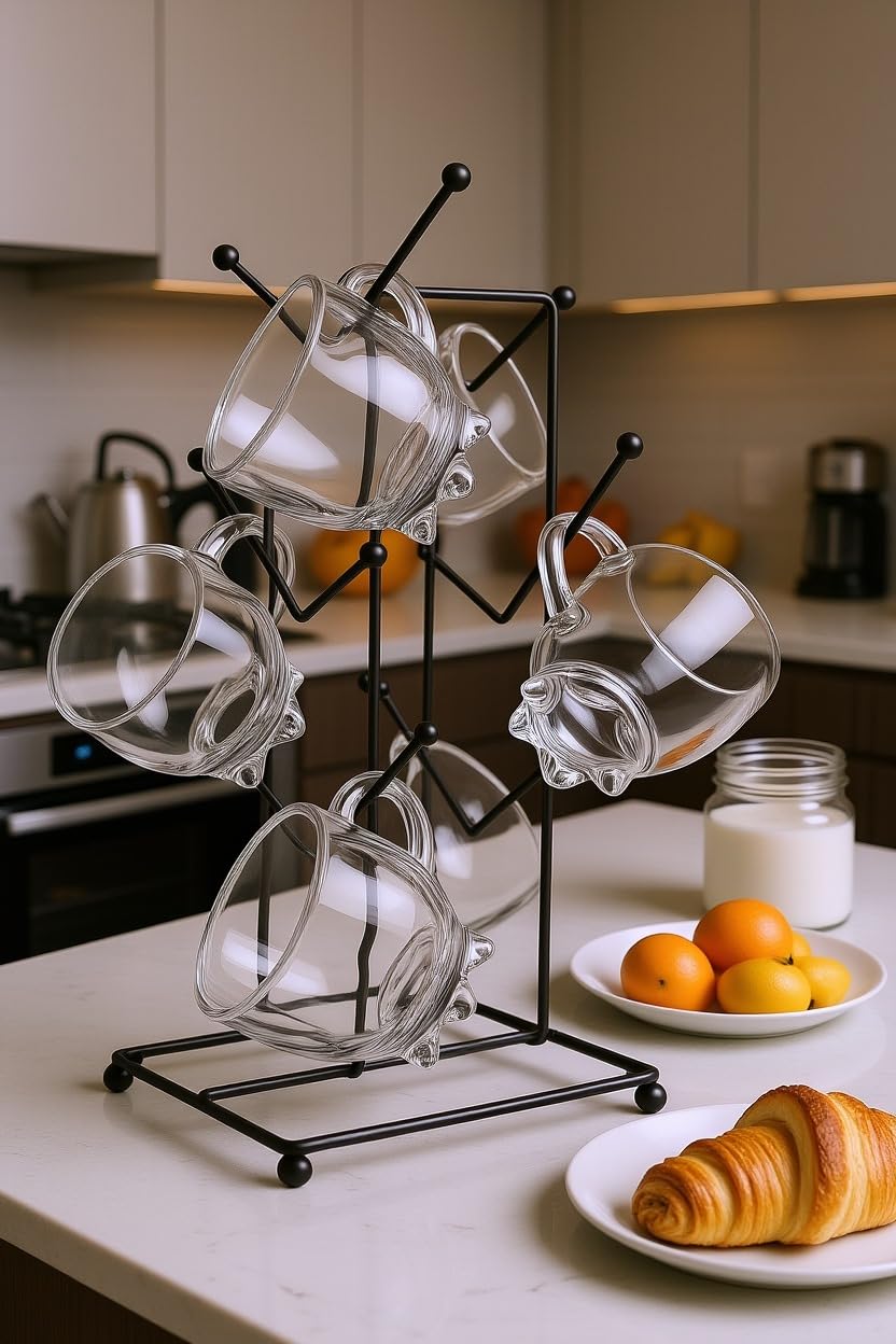 Premium Transparent Glass Cup Set with Metal Stand | 6 Pcs Designer Tea & Coffee Cups | Elegant Clear Glassware with Space-Saving Holder | Modern Drinkware for Home, Kitchen & Gifting