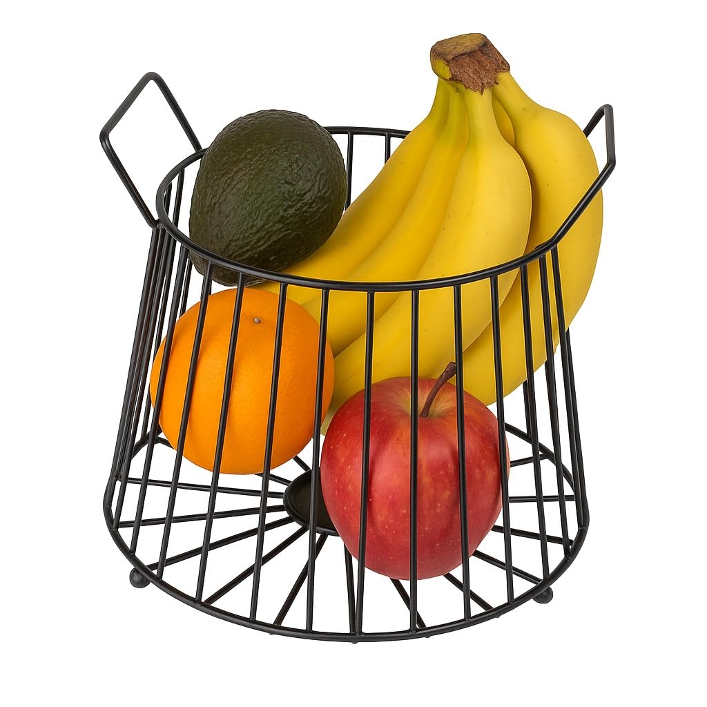 Modern Metal Fruit Basket | Round Wire Storage Basket with Handles | Decorative Kitchen & Dining Table Organizer