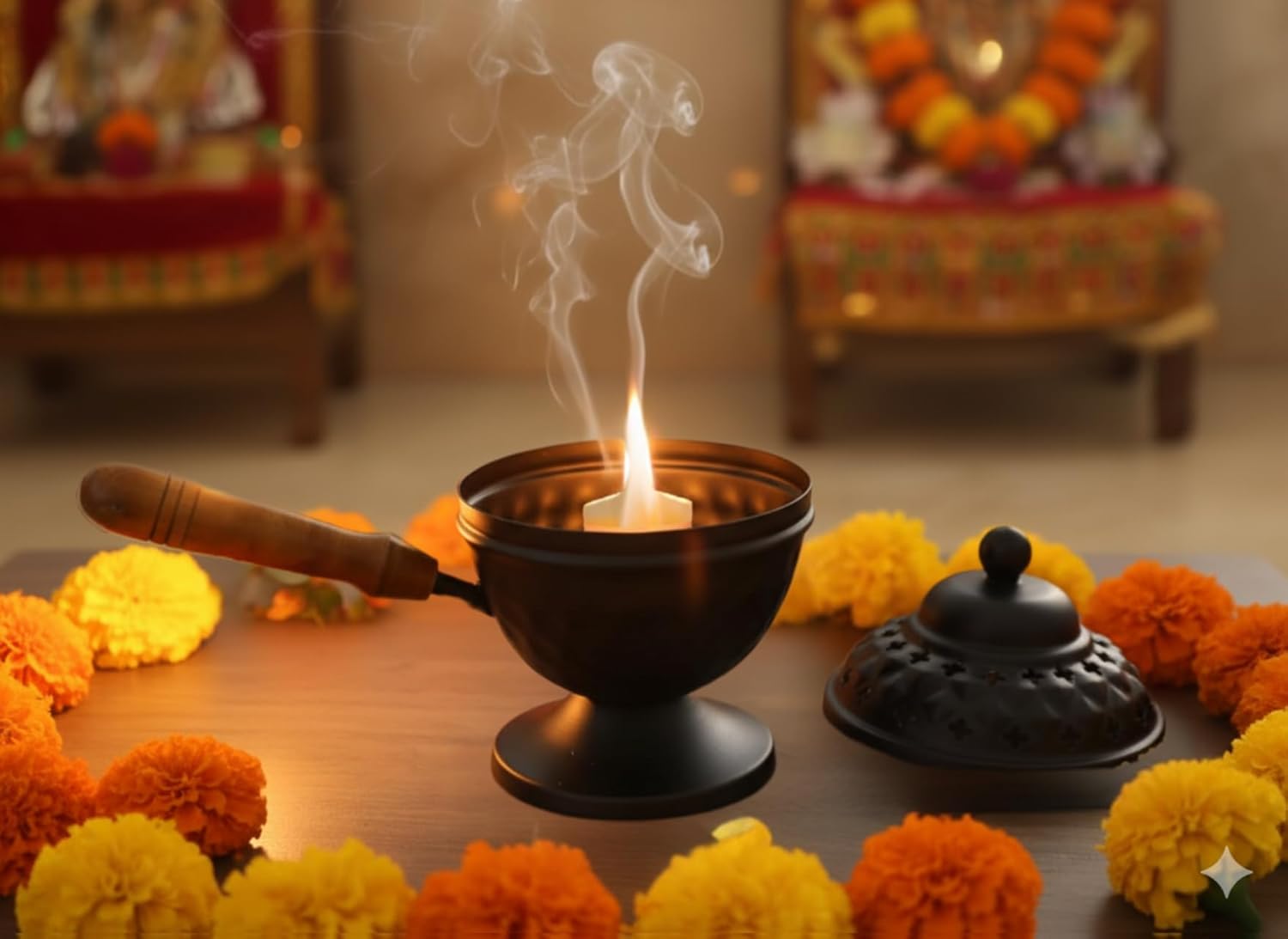 Metal Loban Incense Burner with Wooden Handle | Dhoop Dani Dhuni Sambrani Bakhoor Burner | Handheld Incense Holder for Home & Temple