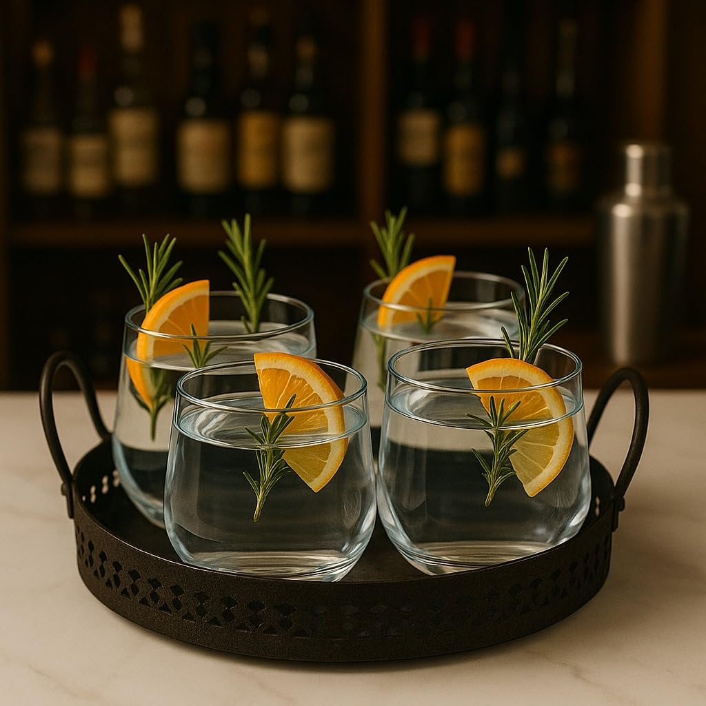 Premium Glass Drinkware Set with Metal Serving Tray | Set of 4 Whisky, Cocktail & Juice Glasses with Iron Stand | Elegant Beverage Serving Set for Home Bar, Parties & Dining
