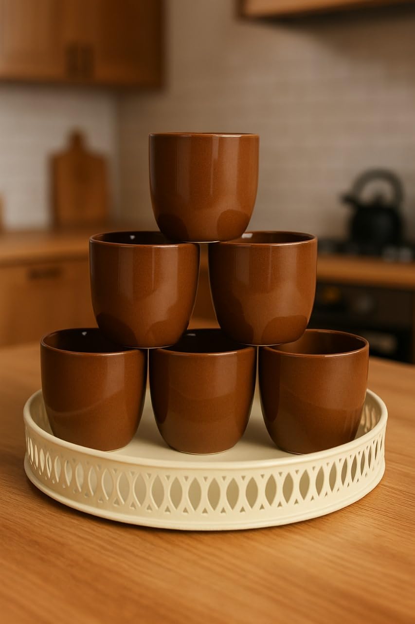 Premium Brown Ceramic Tea & Coffee Cup Set with Serving Tray | 6 Pcs Elegant Drinkware Set | Durable Glossy Finish Mugs with Designer Round Tray | Ideal for Home, Office & Gifting