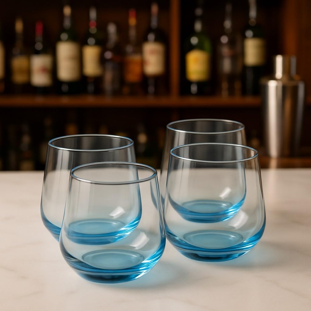 Premium Glass Drinkware Set with Metal Serving Tray | Set of 4 Whisky, Cocktail & Juice Glasses with Iron Stand | Elegant Beverage Serving Set for Home Bar, Parties & Dining