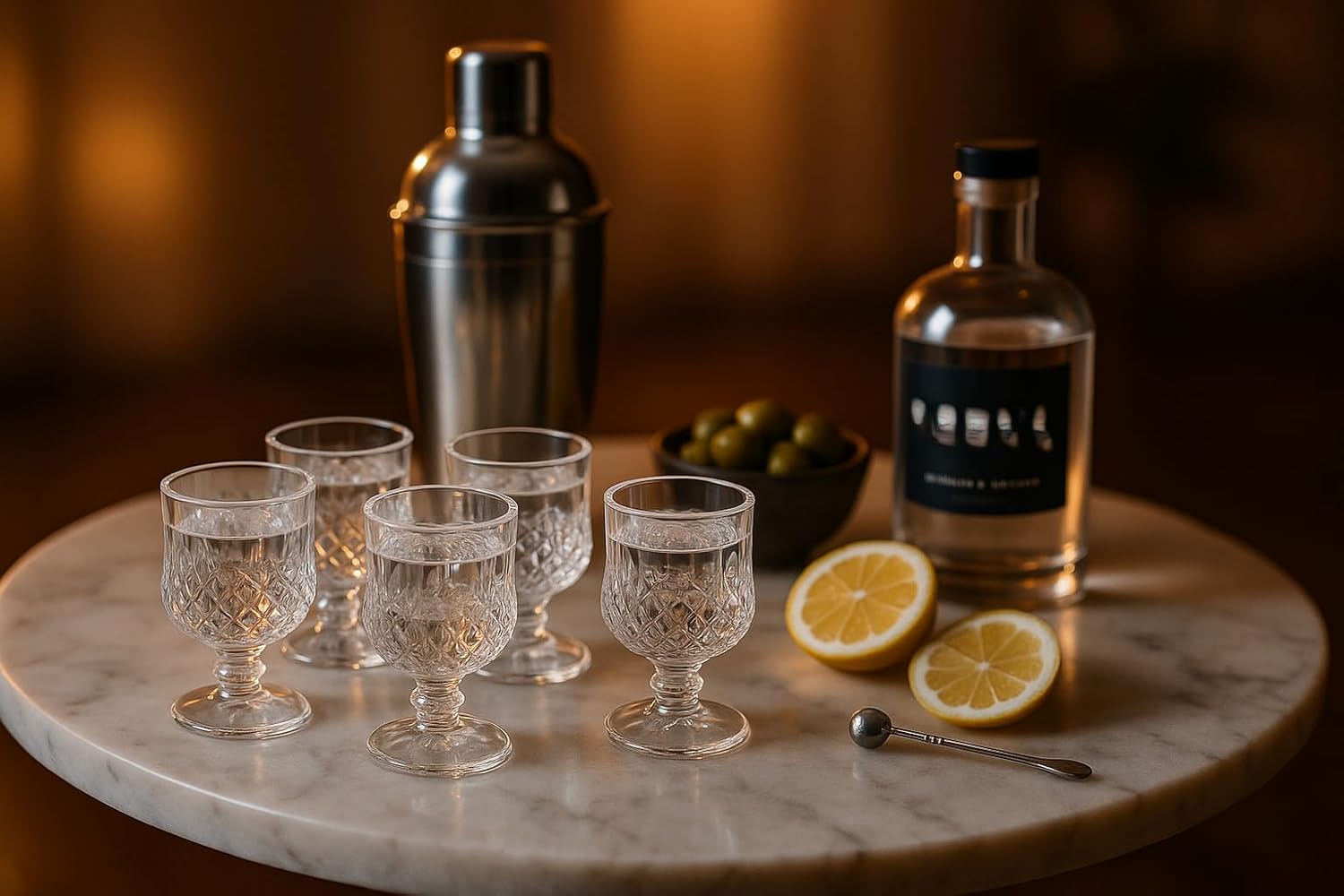 Premium Shot Glass Set Of 6 With MDF Resin Tray | Clear Designer Liqueur Glasses For Vodka, Whiskey, Tequila & Cocktails | Barware Set For Home & Parties