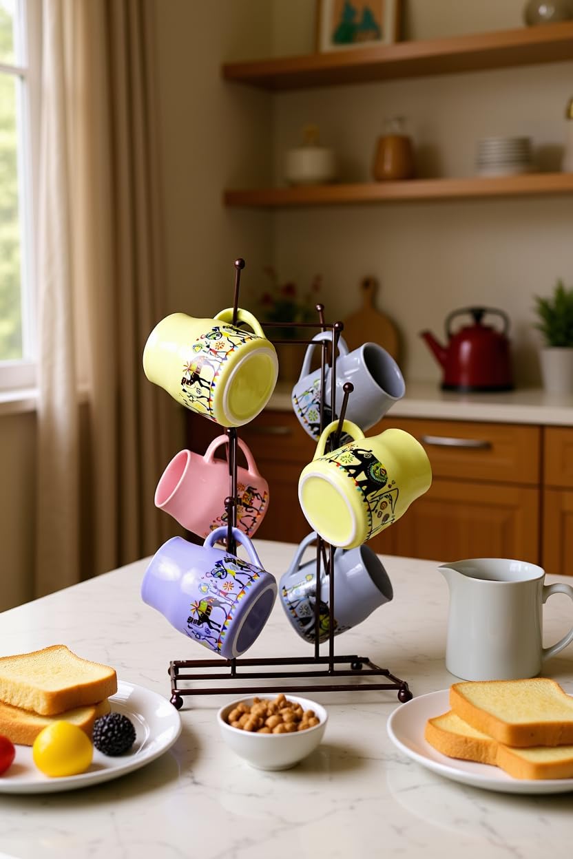 Printed Ceramic Coffee Mug Set Of 6 With Metal Stand | Designer Tea & Coffee Cups With Holder For Home, Kitchen, Office & Gifting