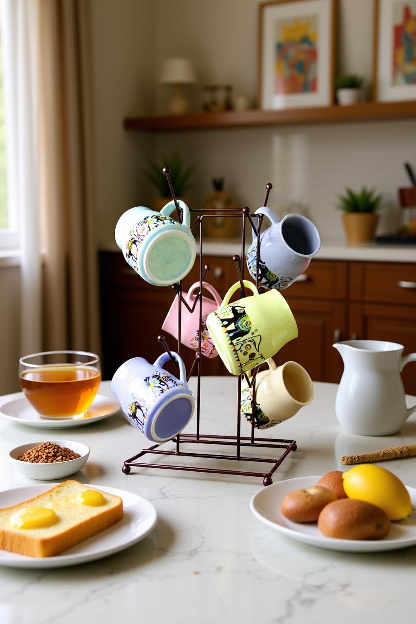 Printed Ceramic Coffee Mug Set Of 6 With Metal Stand | Designer Tea & Coffee Cups With Holder For Home, Kitchen, Office & Gifting
