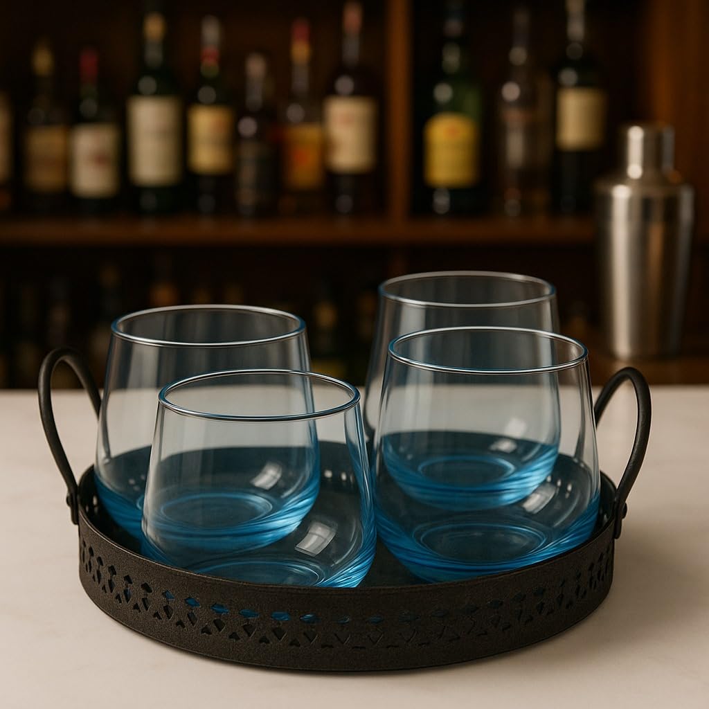 Premium Glass Drinkware Set with Metal Serving Tray | Set of 4 Whisky, Cocktail & Juice Glasses with Iron Stand | Elegant Beverage Serving Set for Home Bar, Parties & Dining