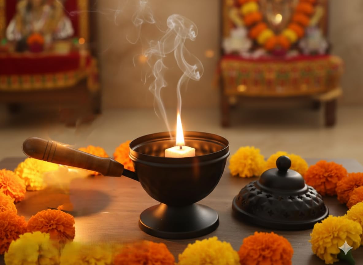 Metal Loban Incense Burner with Wooden Handle | Dhoop Dani Dhuni Sambrani Bakhoor Burner | Handheld Incense Holder for Home & Temple