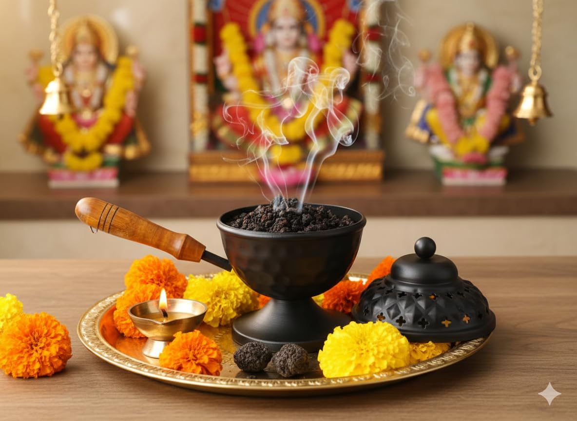 Metal Loban Incense Burner with Wooden Handle | Dhoop Dani Dhuni Sambrani Bakhoor Burner | Handheld Incense Holder for Home & Temple