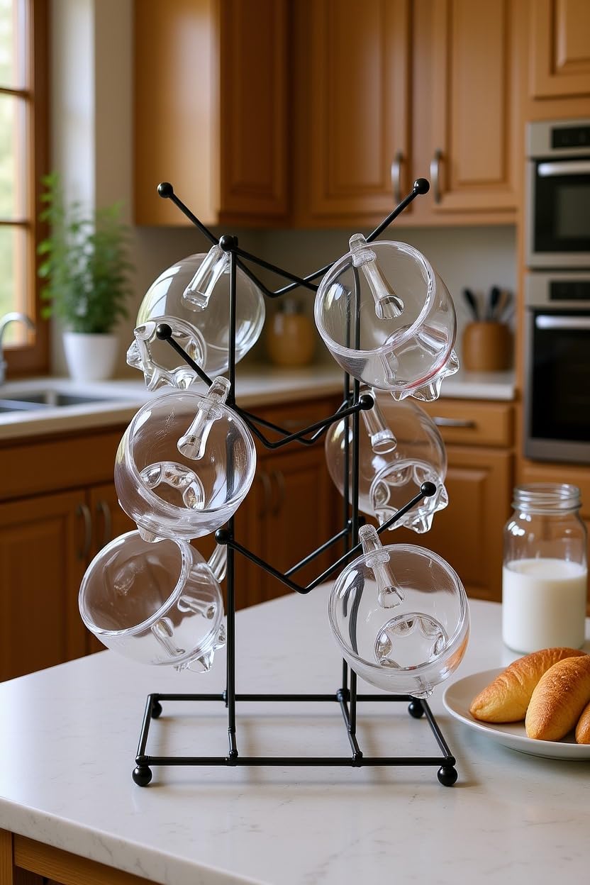 Premium Transparent Glass Cup Set with Metal Stand | 6 Pcs Designer Tea & Coffee Cups | Elegant Clear Glassware with Space-Saving Holder | Modern Drinkware for Home, Kitchen & Gifting