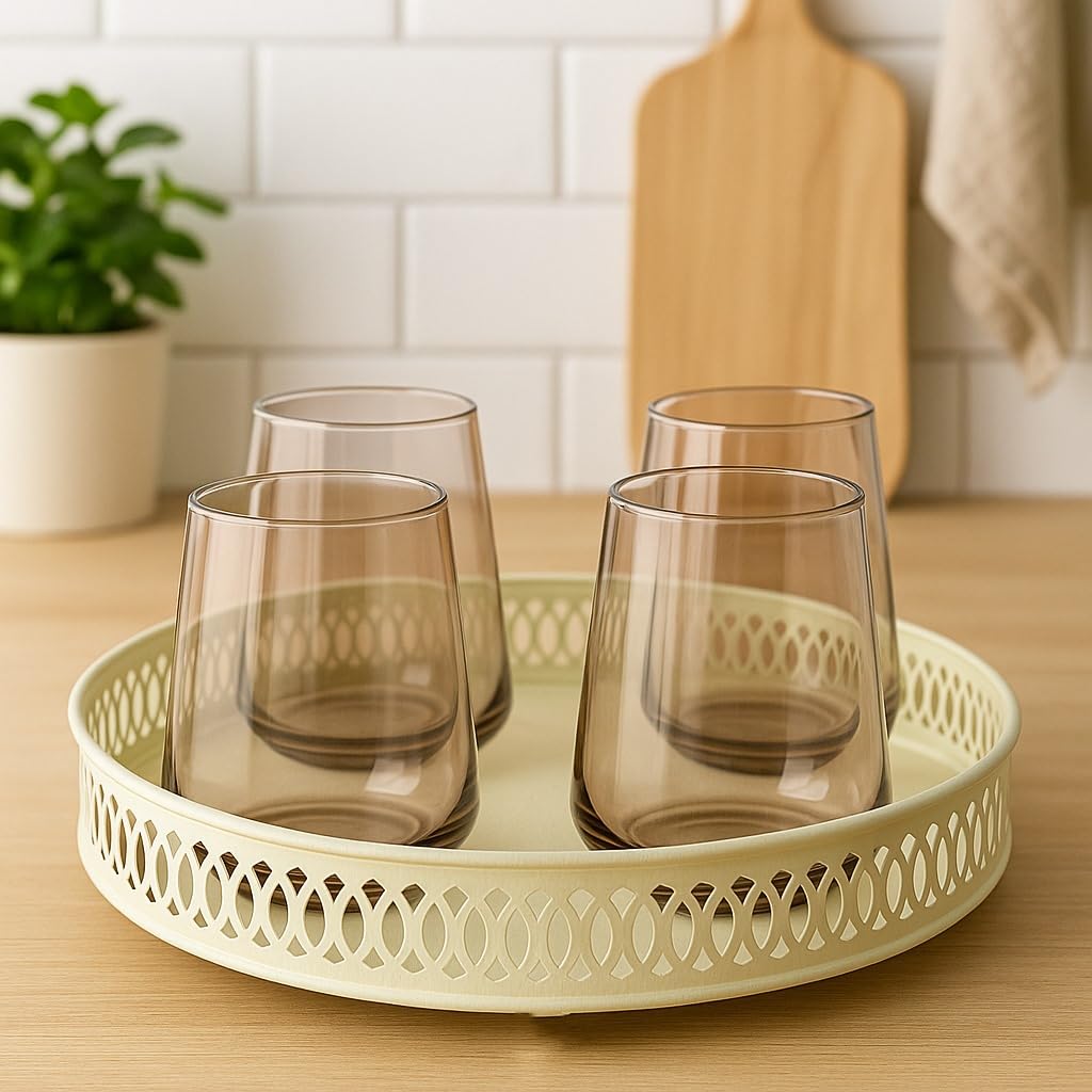 Set Of 4 Wine Glasses With Ivory Metal Tray | Premium Whisky Liqueur Glass Set With Serving Tray For Home Bar, Parties & Gifting