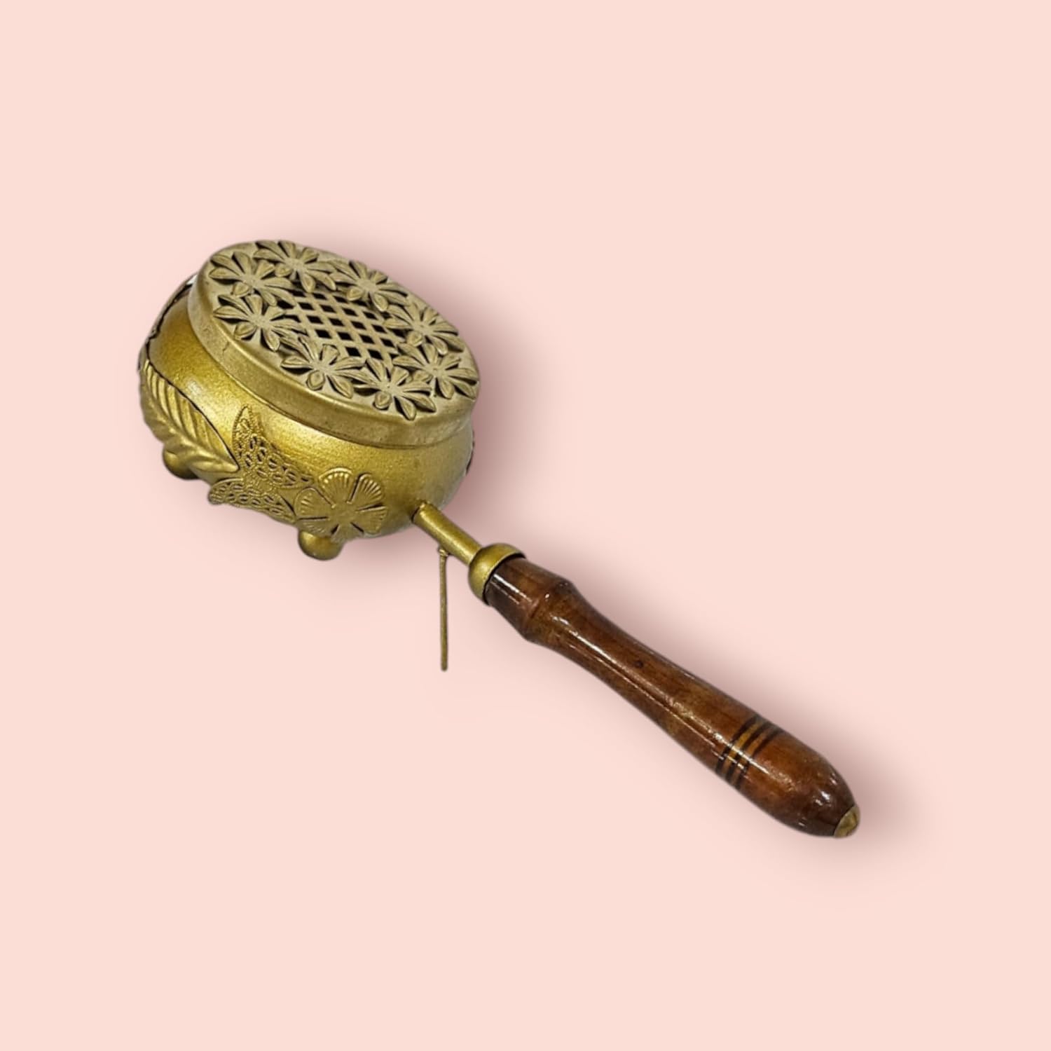 Brass Loban Incense Burner with Wooden Handle | Floral Design Dhoop Dani Dhuni Sambrani Bakhoor Burner | Handheld Incense Holder