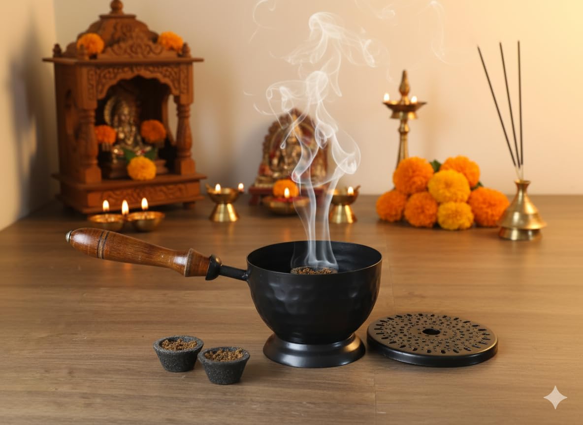 Metal Loban Incense Burner with Wooden Handle | Perforated Lid Dhoop Dani Dhuni Sambrani Burner with Charcoal Holder