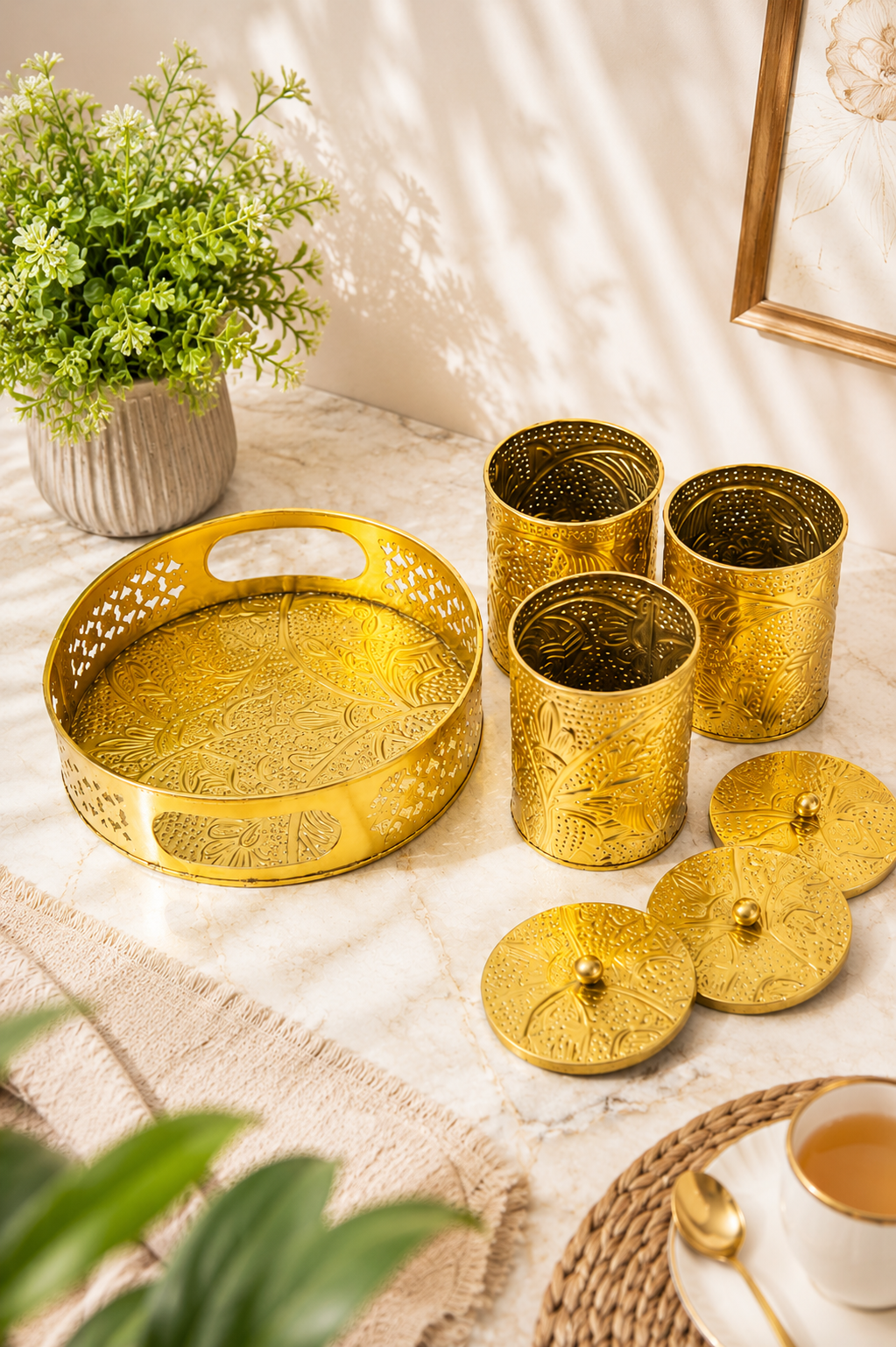 Premium Brass Dry Fruit Container Set with Tray | 3 Storage Jars with Lids | Decorative Brass Serveware | Dry Fruit, Mukhwas, Candy & Spice Organizer | Gift Set