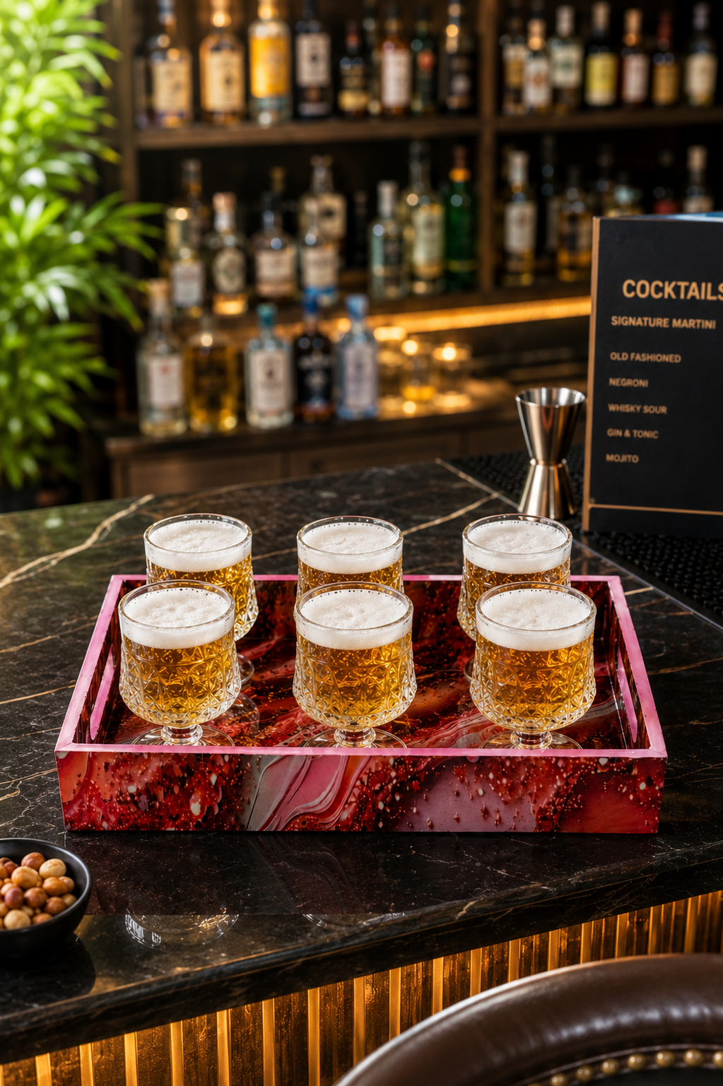 Premium Designer Shot Glass Set with Resin Serving Tray | 6 Crystal Clear Heavy Base Shot Glasses for Whiskey, Vodka, Tequila, Rum, Liqueur & Espresso Shots | Elegant Barware Gift Set for Home Bar