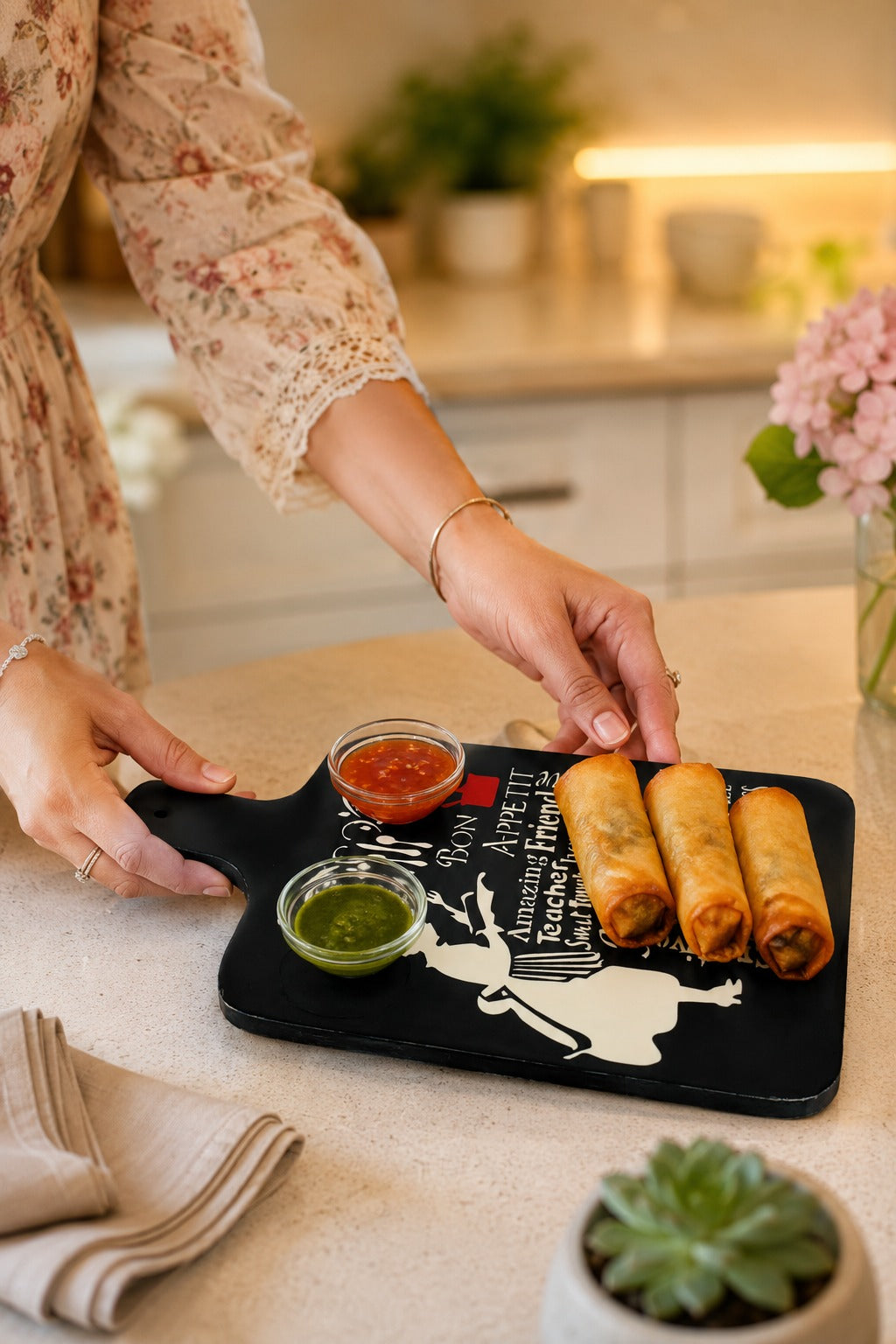 Premium MDF Serving Platter with Handle | Wooden Snack & Pizza Serving Board | Serving Tray with 2 Glass Dip Bowls | Cheese, Burger, Fries & Appetizer Platter | 44 x 25 cm