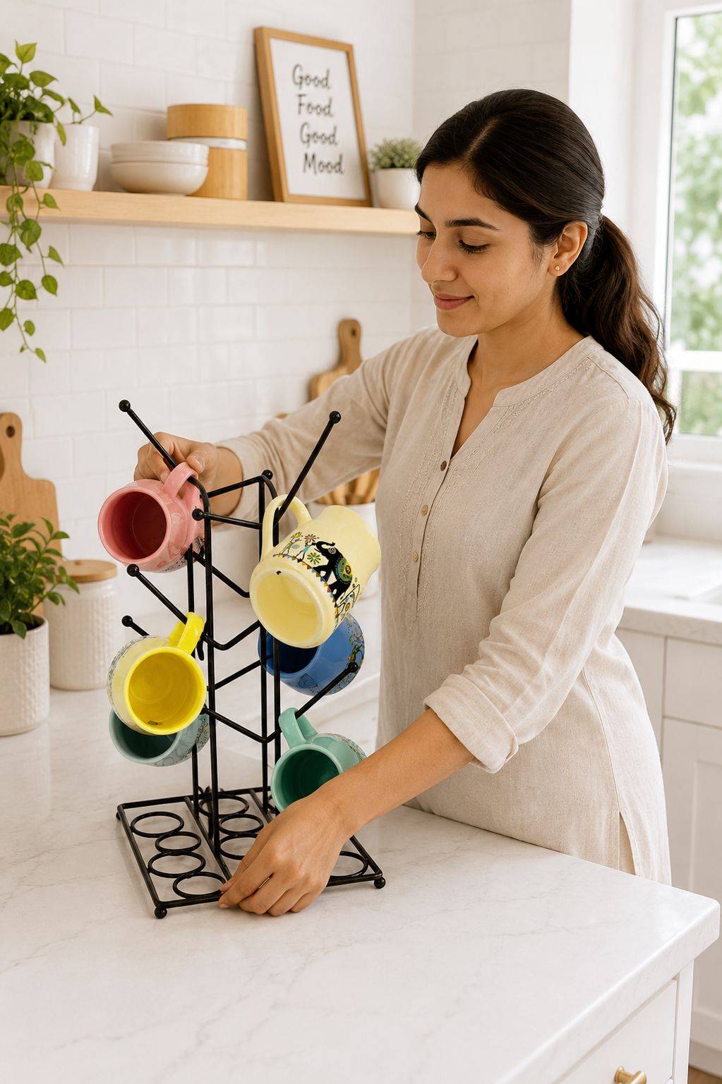 Printed Ceramic Coffee Mug Set Of 6 With Metal Stand | Designer Tea & Coffee Cups With Holder For Home, Kitchen, Office & Gifting