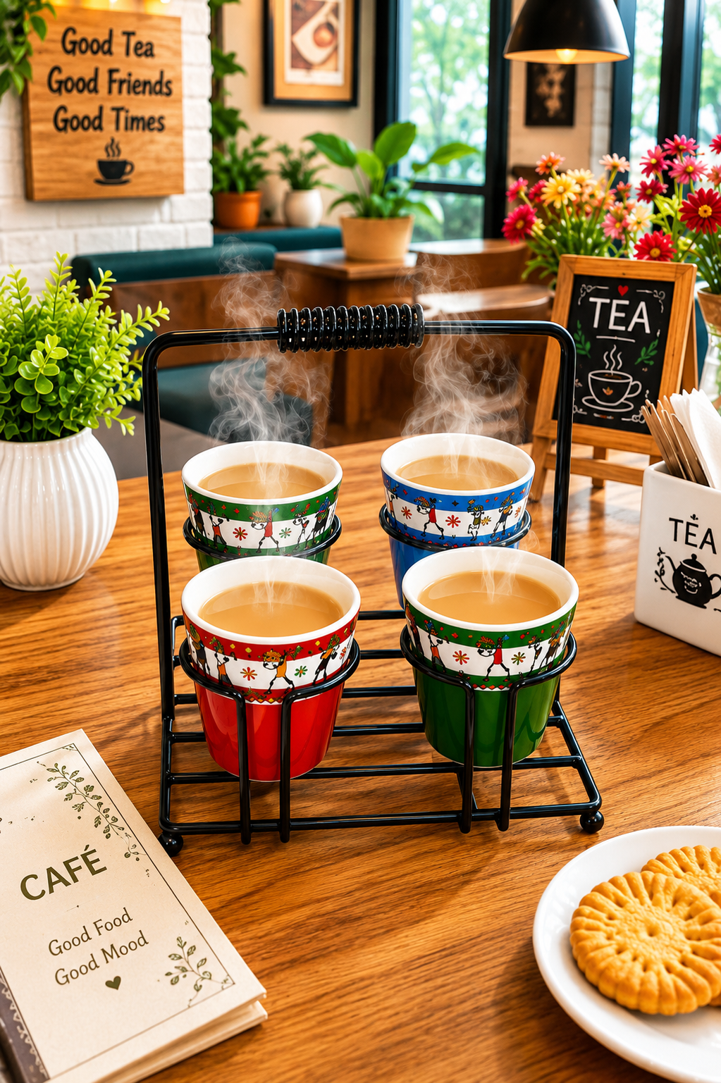 Printed Tea Glass Set Of 4 With Metal Stand | Designer Cutting Chai Cups With Iron Holder | Multicolor Ceramic Tea Cup Set For Home Kitchen & Gifting