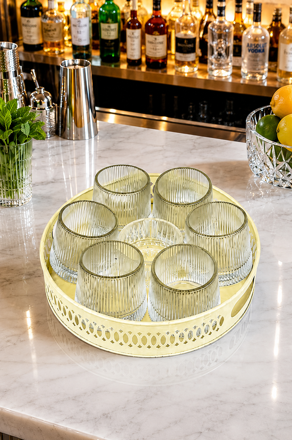 Premium Dancing Glass Serving Set with Round Metal Tray | 6 Self-Balancing Rocking Glasses & 1 Crystal Snack Bowl | Beverage Serving Set for Whisky, Cocktails, Juice, Tea & Home Entertaining