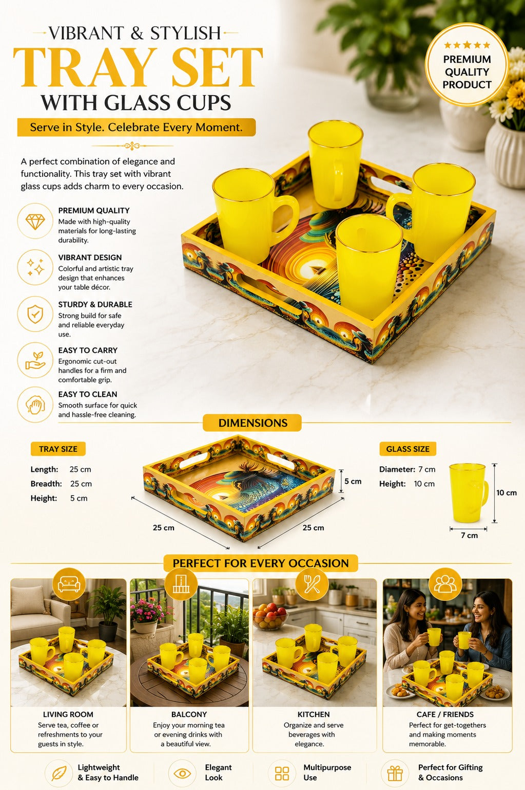 Set of 4 Yellow Glass Coffee Mugs with Designer Serving Tray | Premium Tea Coffee Cup Set | Decorative Serving Set for Home Kitchen & Gifting