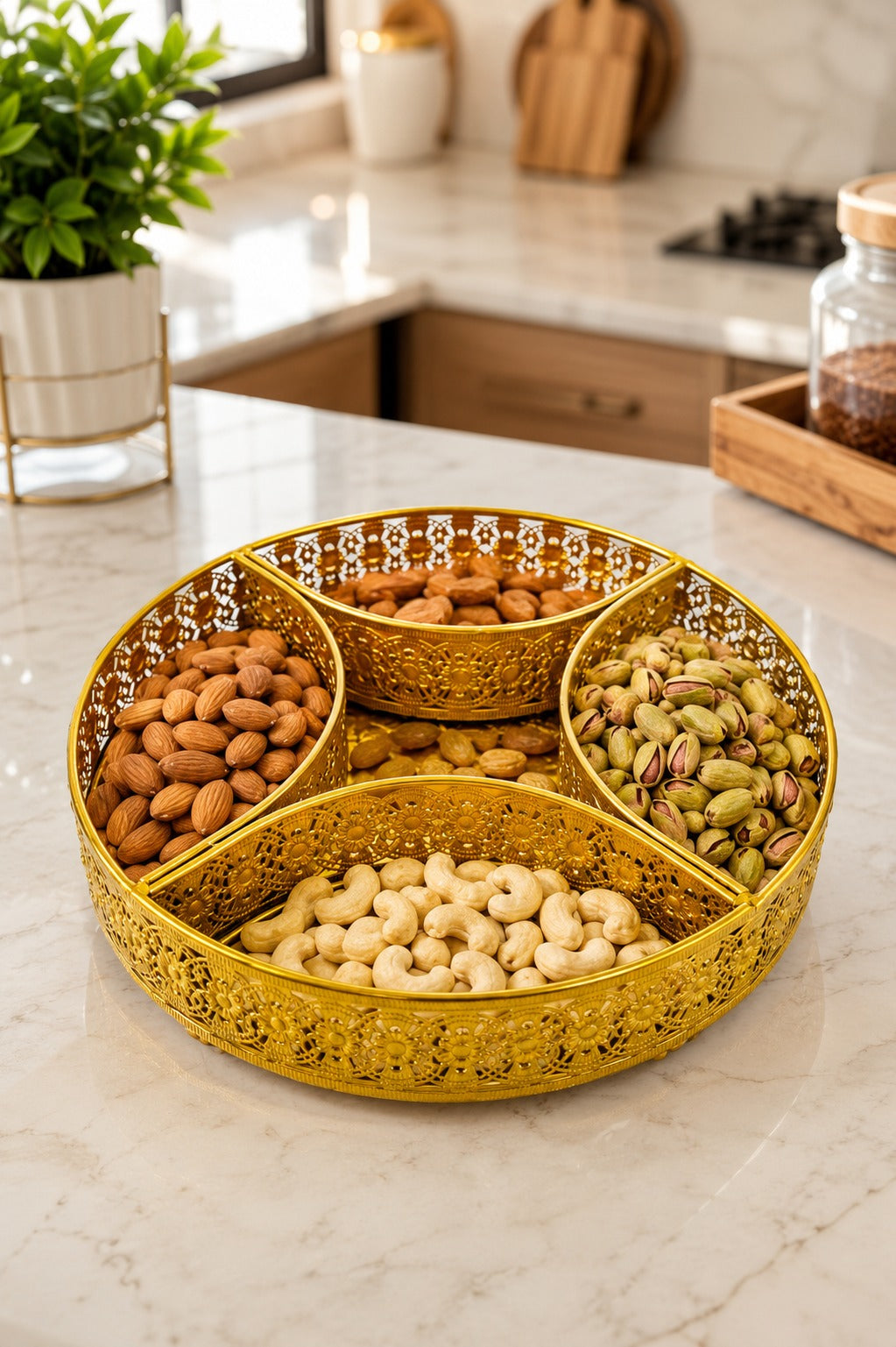 Premium Brass Multi-Compartment Gift Tray | Round Decorative Serving Tray with 4 Sections | Dry Fruit, Sweets, Chocolates, Snacks & Gift Hamper Organizer | Festive Brass Platter