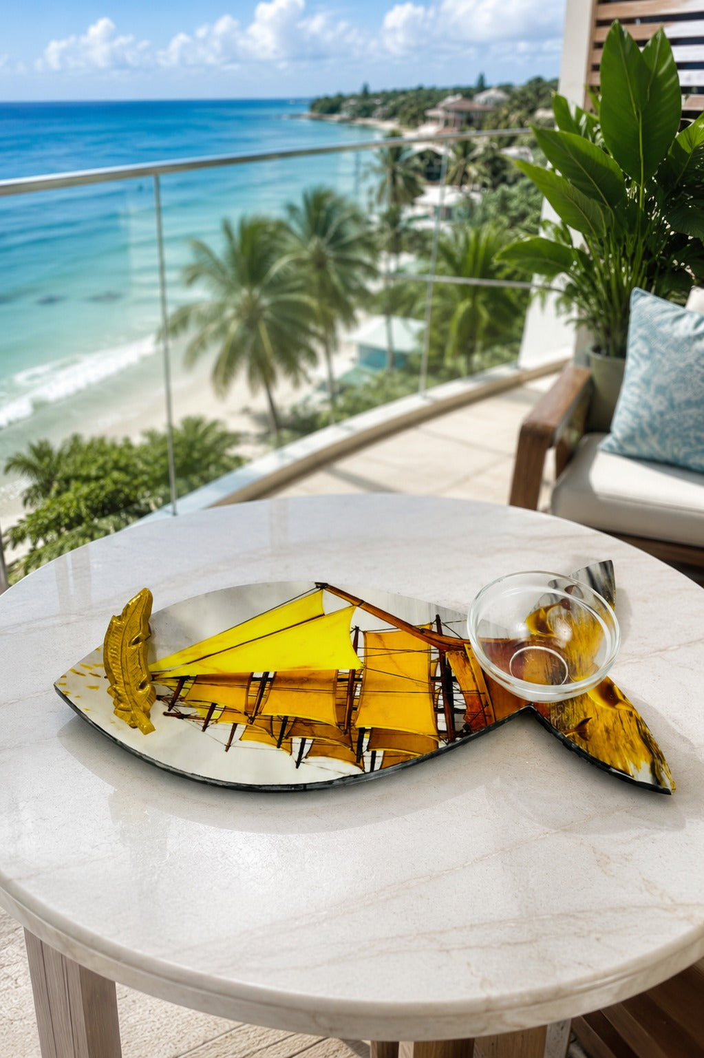 Premium Fish Shape MDF Serving Platter with Glass Dip Bowl & Gold Leaf Handle | Decorative Multipurpose Snack Serving Tray | Designer Fish Serving Board for Appetizers, Seafood & Gifting