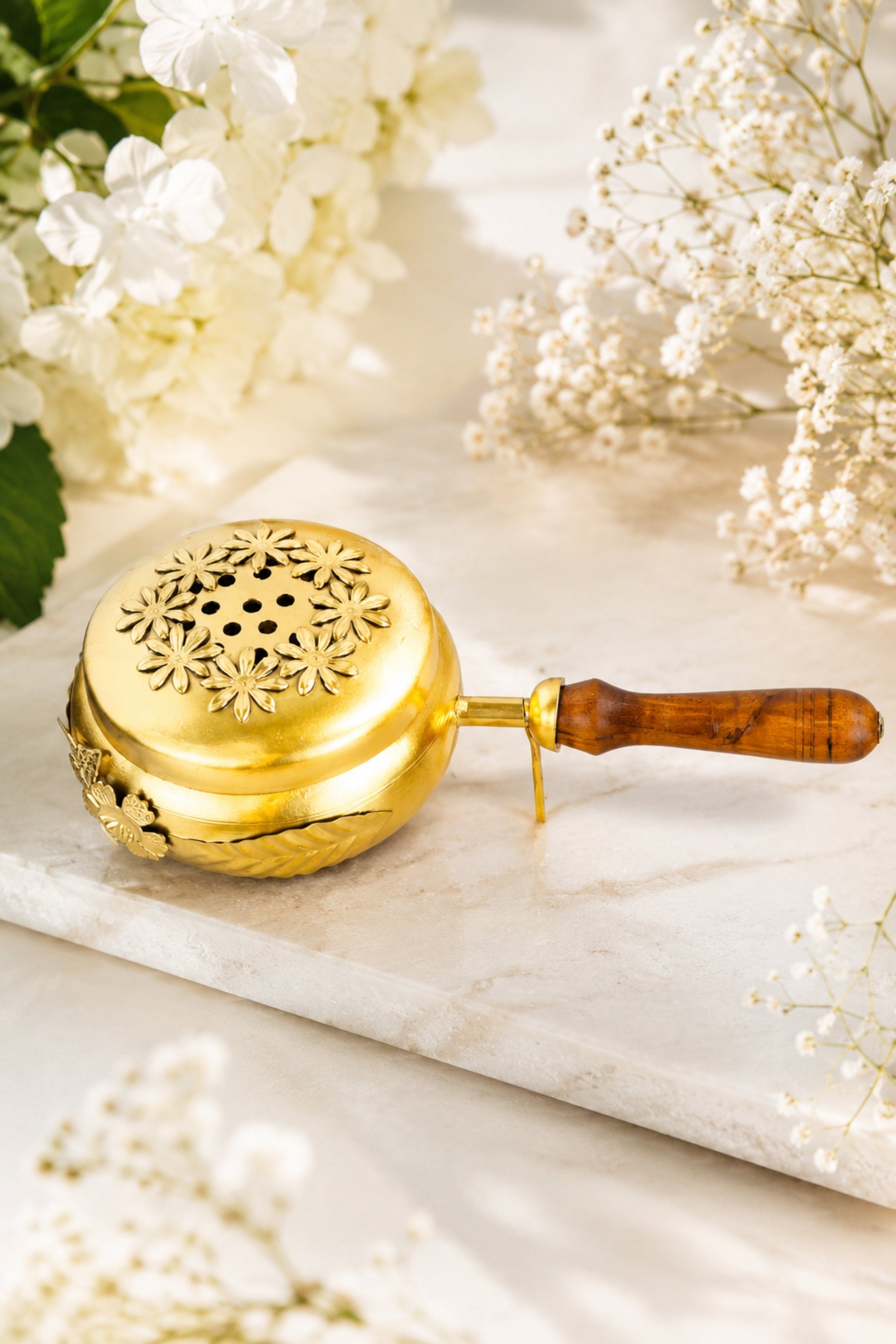 Brass Loban Incense Burner with Wooden Handle | Floral Design Dhoop Dani Dhuni Sambrani Bakhoor Burner | Handheld Incense Holder