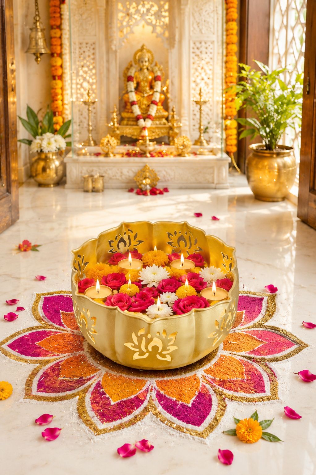 Premium Hanging Lotus Urli Bowl | Decorative Metal Hanging Flower Urli for Floating Flowers, Water & Candles | Traditional Hanging Urli for Diwali, Pooja, Wedding & Home Decoration