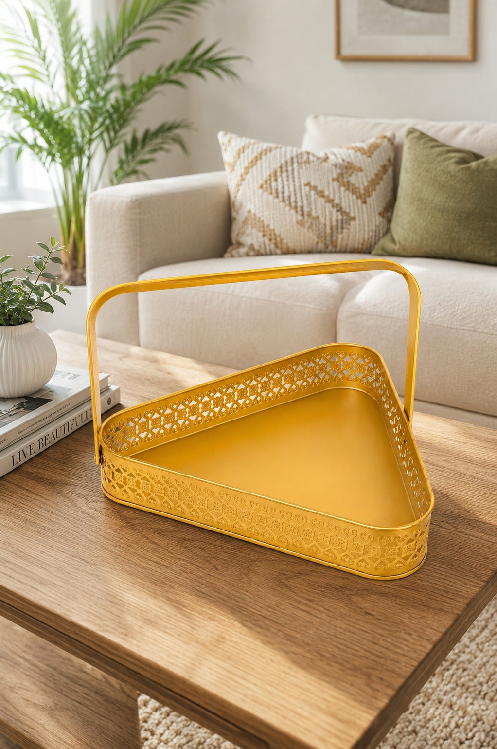 Premium Triangle Metal Basket with Handle (Large) | Decorative Gold Serving Basket | Gift Hamper Basket | Dry Fruit, Snacks & Organizer Tray | Metal Storage Basket for Home Décor