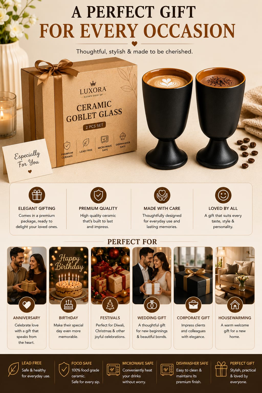 Set of 2 Modern Ceramic Goblet Glasses 250 ml | Matte Black Stemmed Drinking Cups with Glossy Brown Interior | Premium Ceramic Cups for Coffee Tea Milk Hot Chocolate Juice & Cold Beverages