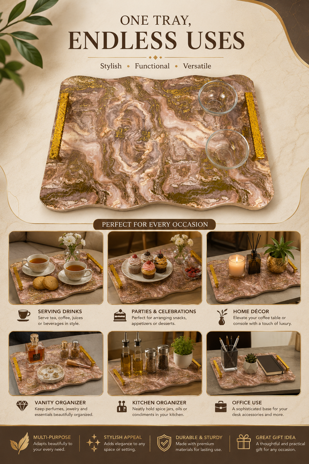 Premium Marble Design MDF Serving Tray with 2 Glass Bowls & Gold Handles | Decorative Multipurpose Serving Platter | Luxury Tea, Coffee, Snacks & Dry Fruit Serving Tray