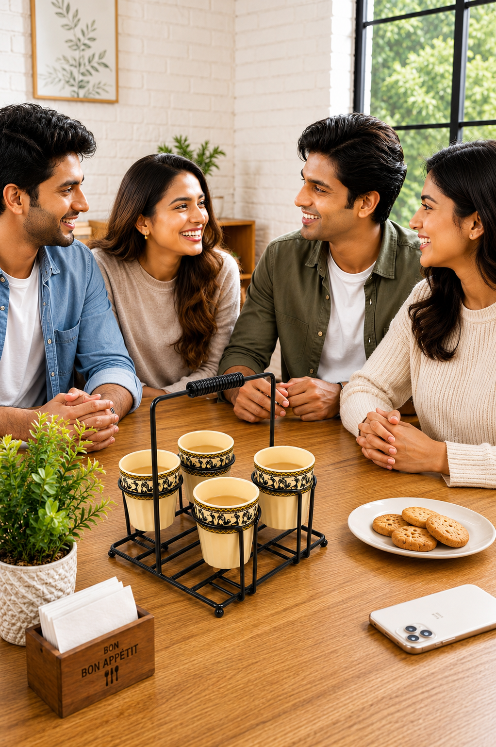 Set of 4 Ceramic Tea Cups with Metal Stand | Traditional Printed Kulhad Style Cups with Portable Holder | Tea Coffee Serving Set for Home Kitchen & Gifting