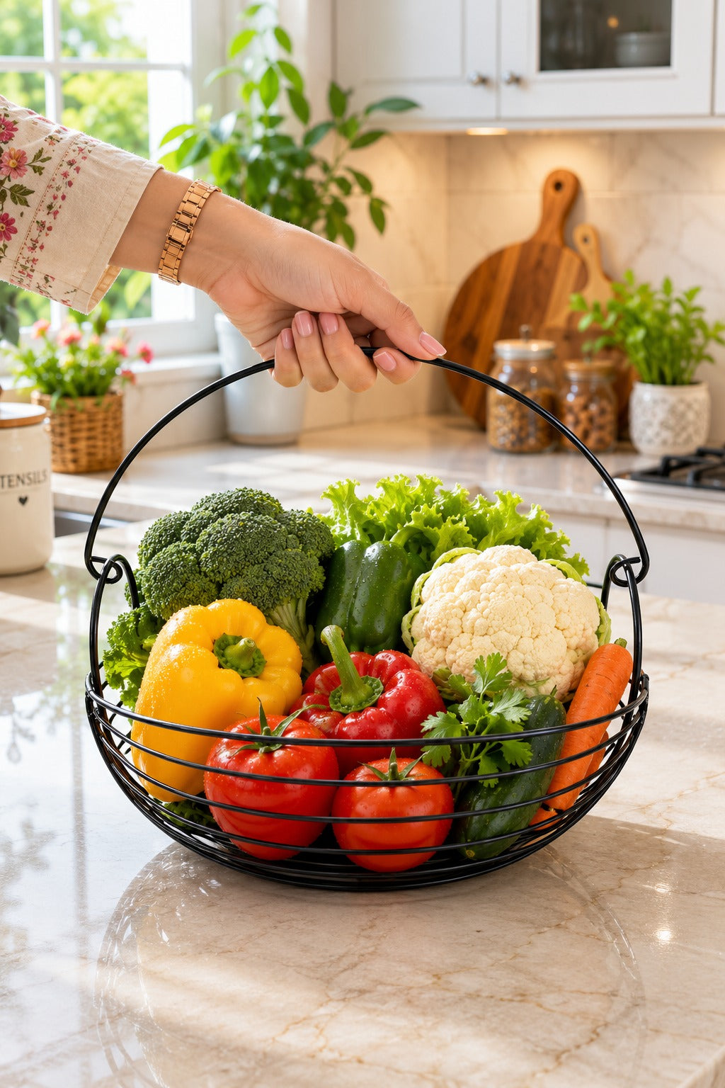 Modern Metal Fruit & Vegetable Basket | Large Round Wire Storage Basket with Handle | Kitchen & Dining Organizer