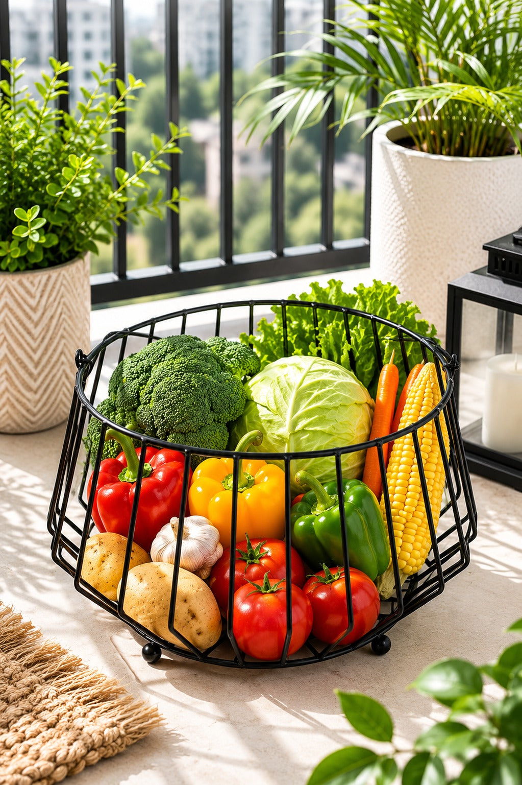 Modern Metal Fruit Basket with Handle | Round Wire Storage Basket | Kitchen & Dining Table Organizer