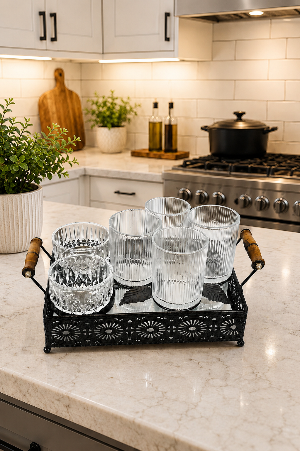 Premium Metal Serving Tray Set with 4 Glasses & 2 Crystal Bowls | Decorative Beverage & Snack Serving Set with Wooden Handles | Tea, Coffee, Juice, Dry Fruit & Party Serving Tray for Home