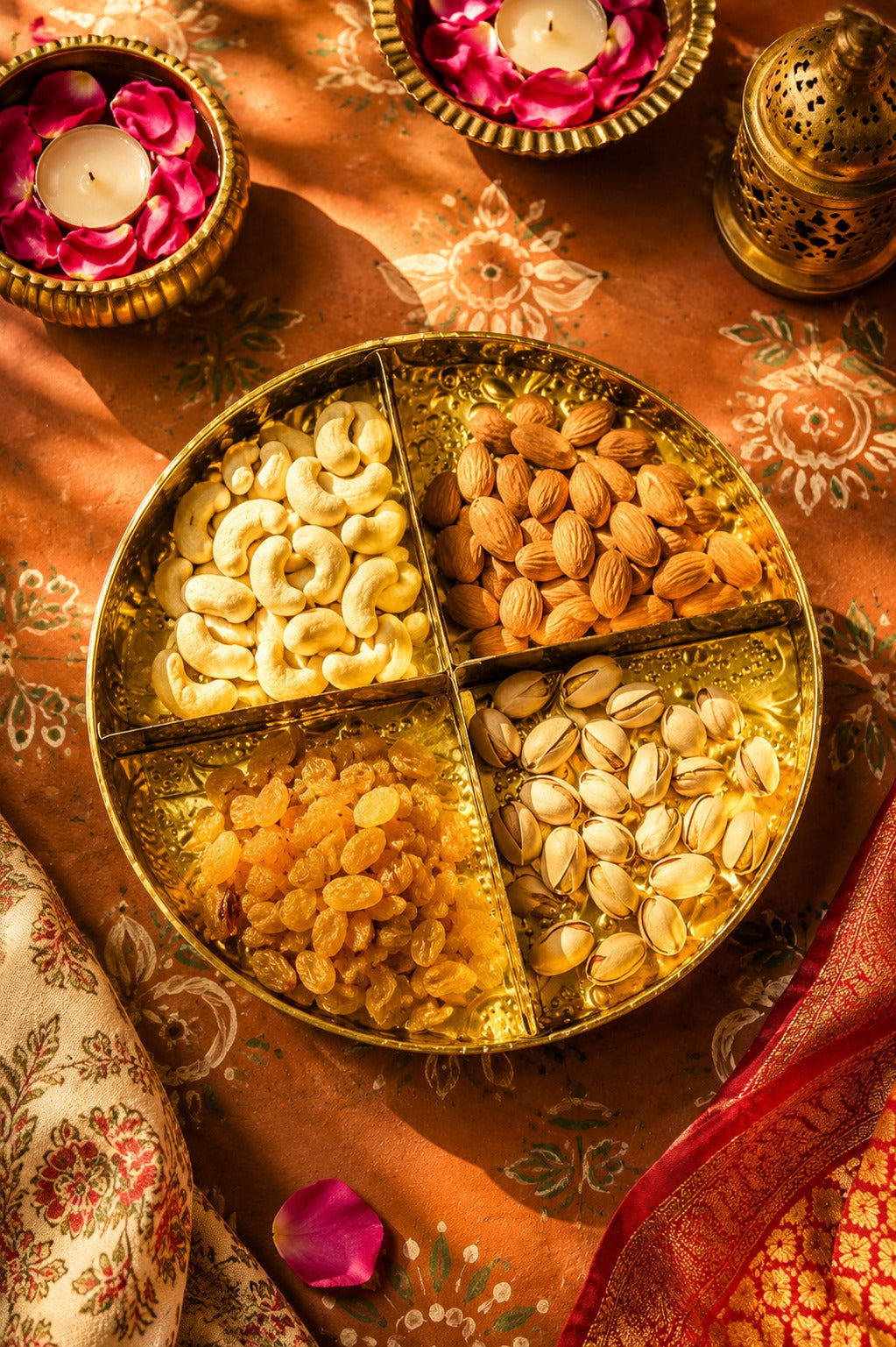 Premium Brass Dry Fruit Serving Tray with 4 Compartments | Round Brass Snack Platter | Dry Fruit, Namkeen, Candy & Mukhwas Organizer | Decorative Serving Tray | Festive Gift