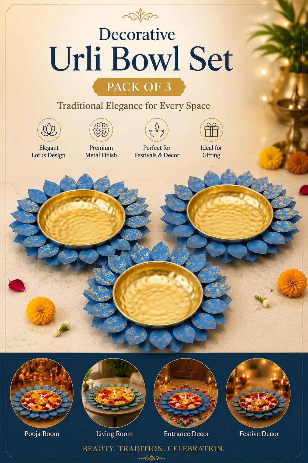 Decorative Lotus Metal Urli Bowl Set for Floating Flowers & Candles | Designer Festival & Entrance Decor (Set of 3, Blue & Gold)