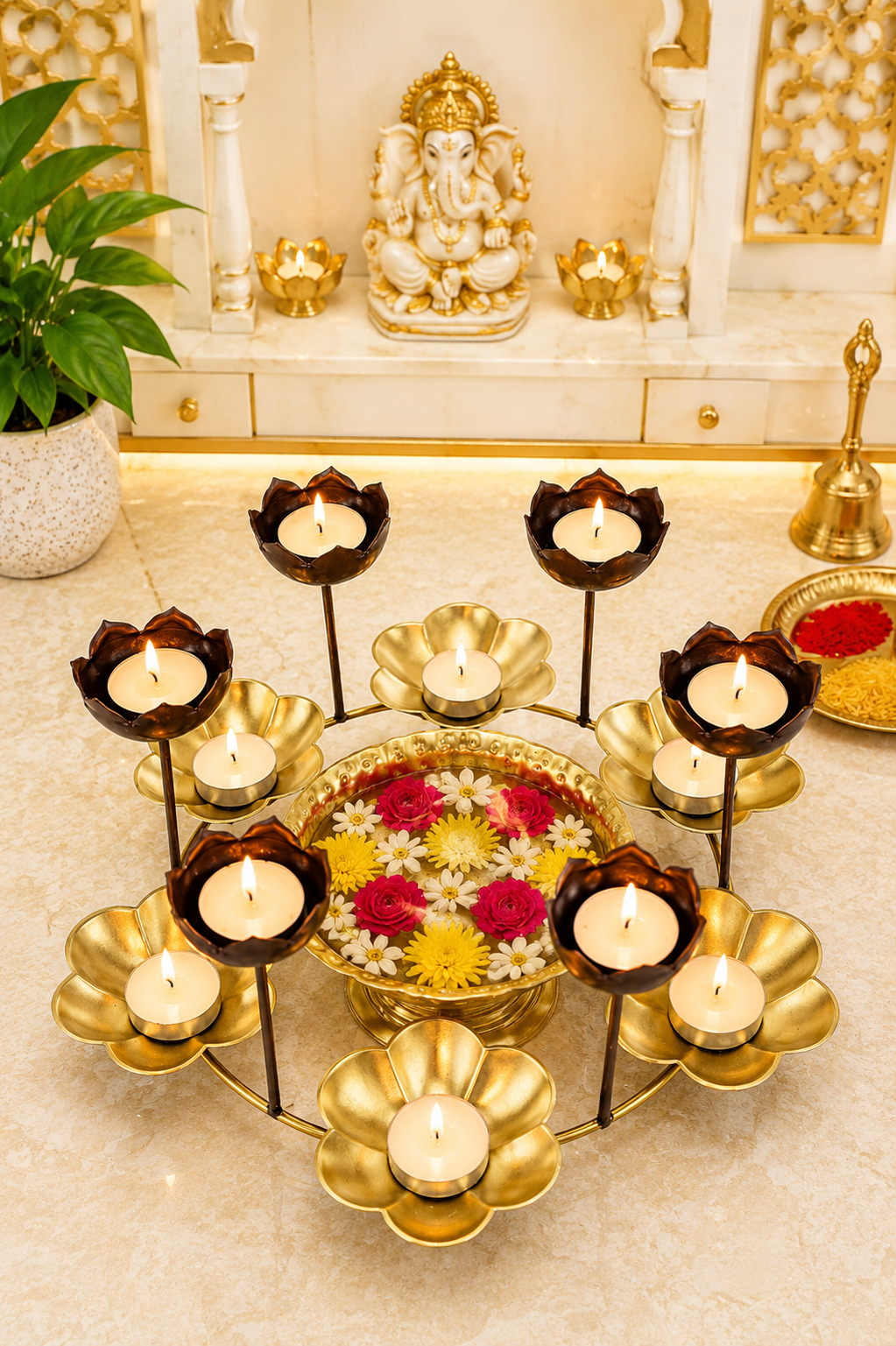 Premium Lotus Urli Bowl with Elevated Tea Light Holders | Decorative Hammered Metal Floating Flower Bowl | Gold Finish Candle Centerpiece for Diwali, Pooja, Weddings, Festivals & Home Décor