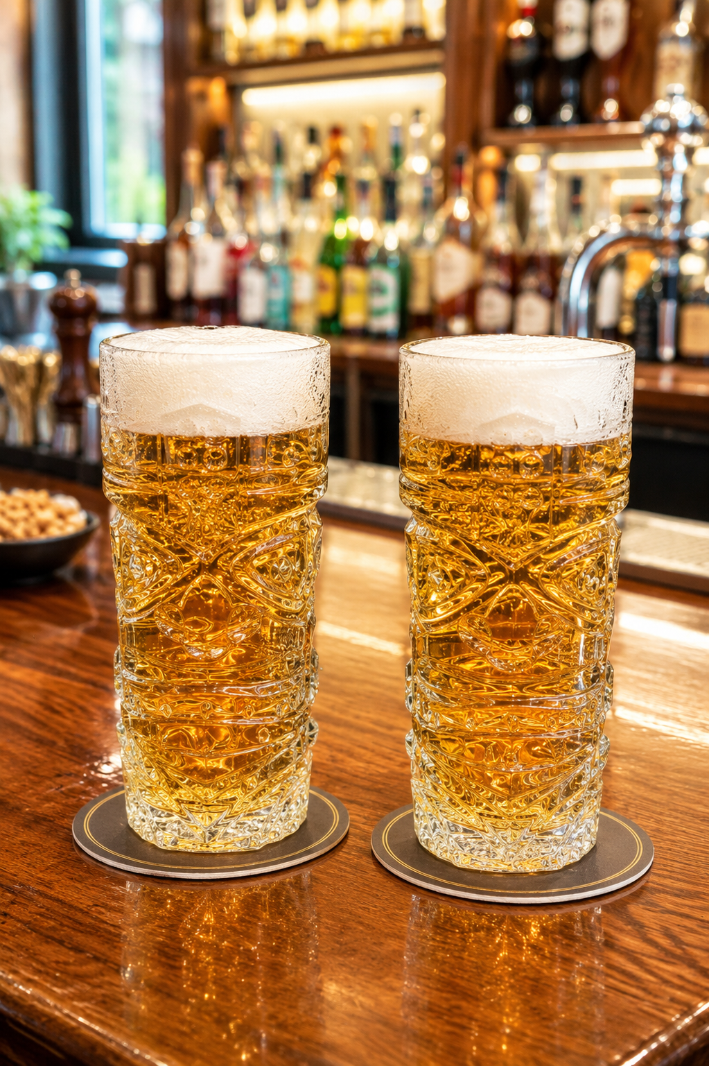 Premium Beer Glass Set with Decorative MDF Serving Tray | 2 Crystal Clear Tall Beer Glasses with Marble Finish Tray | Heavy Drinking Glasses for Beer, Juice, Soft Drinks & Home Bar Gift Set