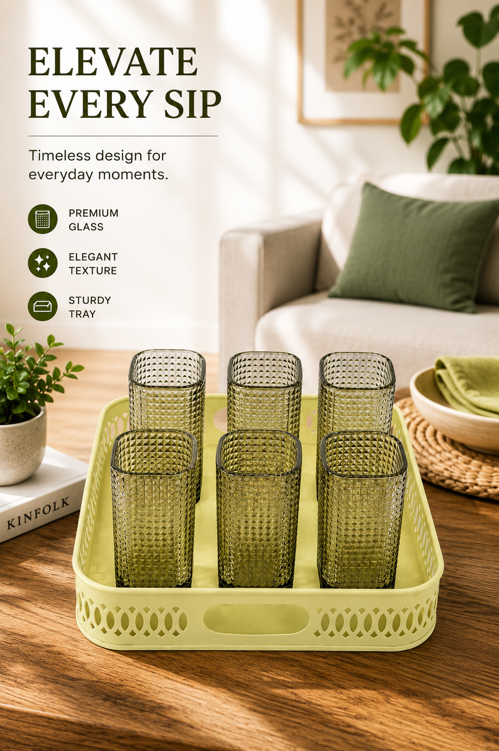 Premium Textured Glass Tumbler Set with Metal Serving Tray | 6 Smoke Grey Drinking Glasses & Decorative Metal Tray for Water, Juice, Cocktails, Mocktails & Everyday Serving