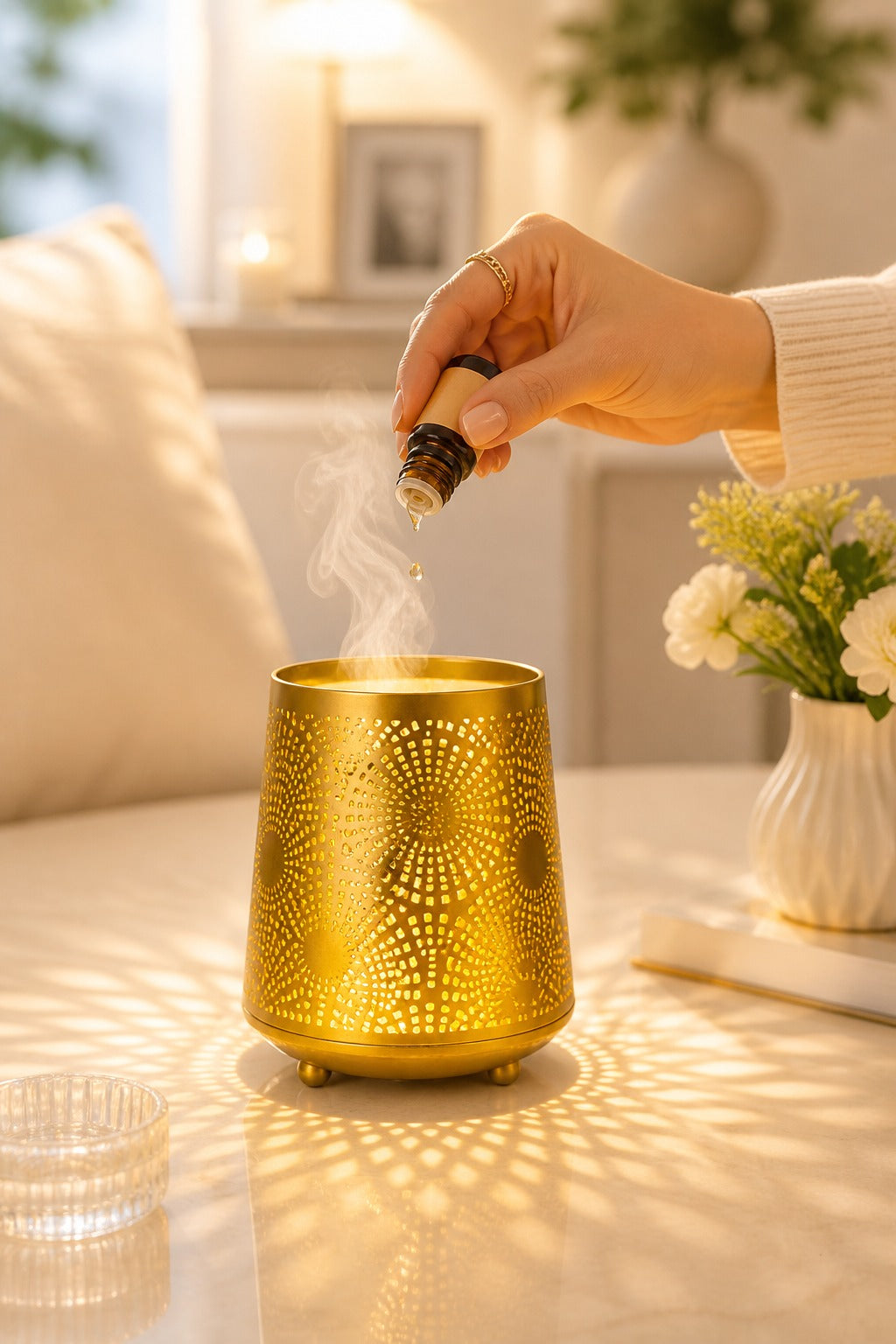 Metal Electric Aroma Diffuser Burner | Circular Cutwork Bulb Heat Oil Warmer Lamp | Fragrance Diffuser for Home, Office, Spa & Meditation | Free 10 ml Aroma Oil Included