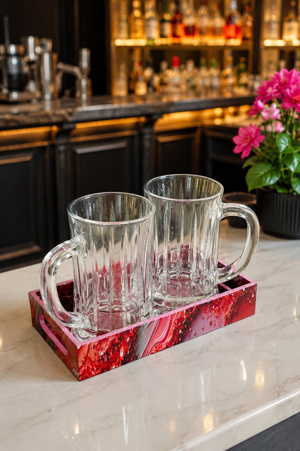 Premium Beer Mug Set with Decorative MDF Serving Tray | 2 Crystal Clear Glass Beer Mugs with Marble Finish Tray | Heavy Handle Beer Glasses for Beer, Juice, Soft Drinks & Home Bar Gift Set