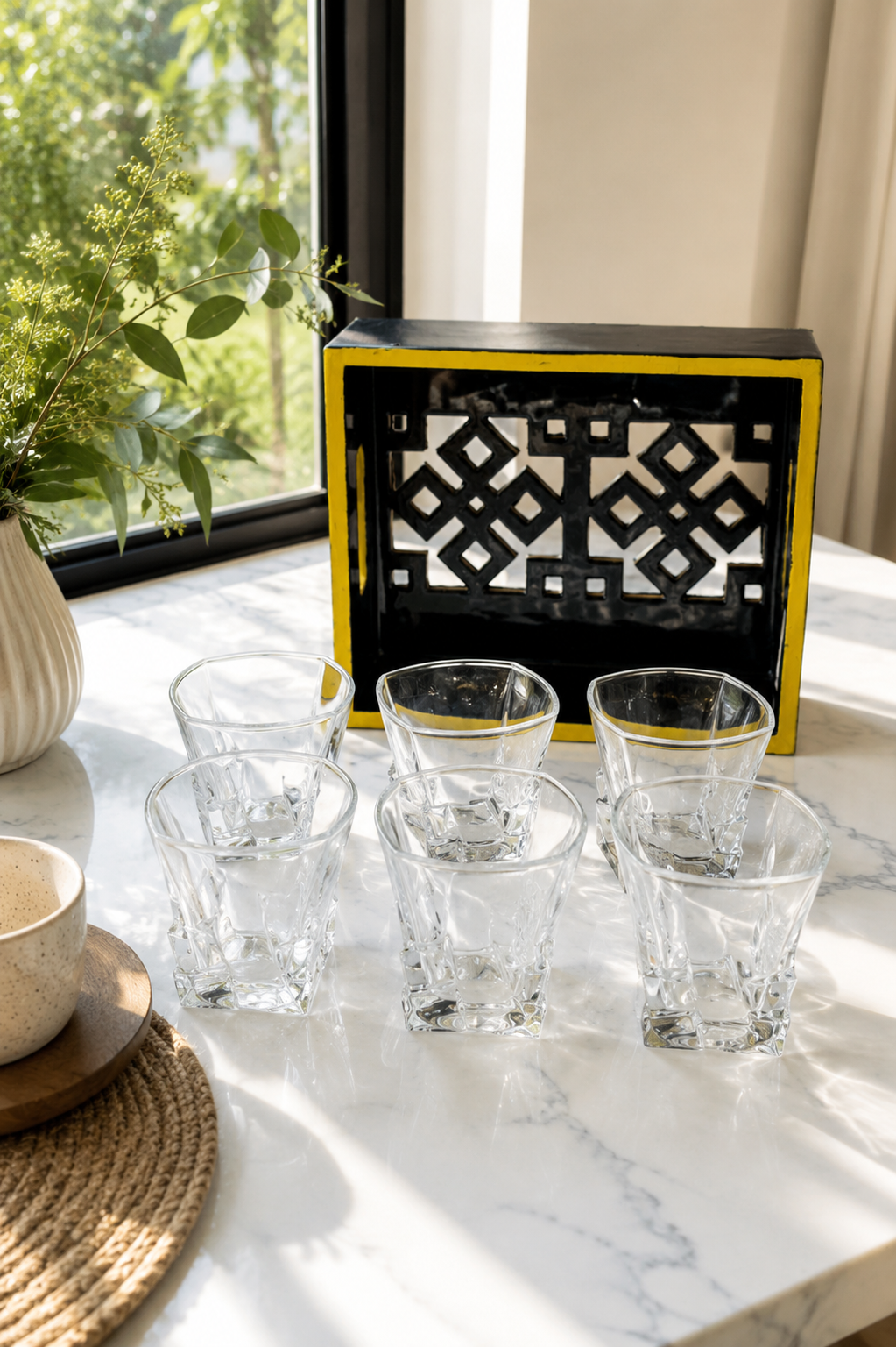 Premium Square Whiskey Glass Set with MDF Serving Tray | 6 Crystal Clear Heavy Base Drinking Glasses for Whisky, Scotch, Cocktails, Juice & Water | Elegant Drinkware Gift Set for Home Bar