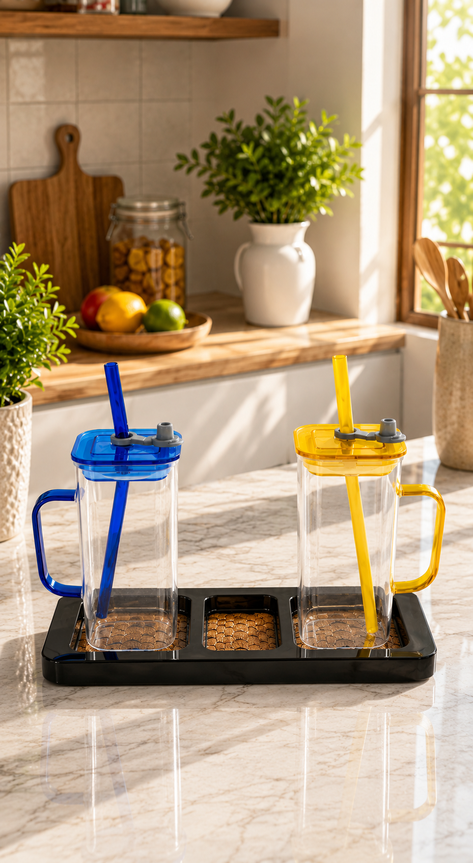 Double Wall Juice Glass Set Of 2 With Lid & Straw With MDF Serving Tray | Square Transparent Drink Glasses For Juice Water Cold Coffee Smoothies