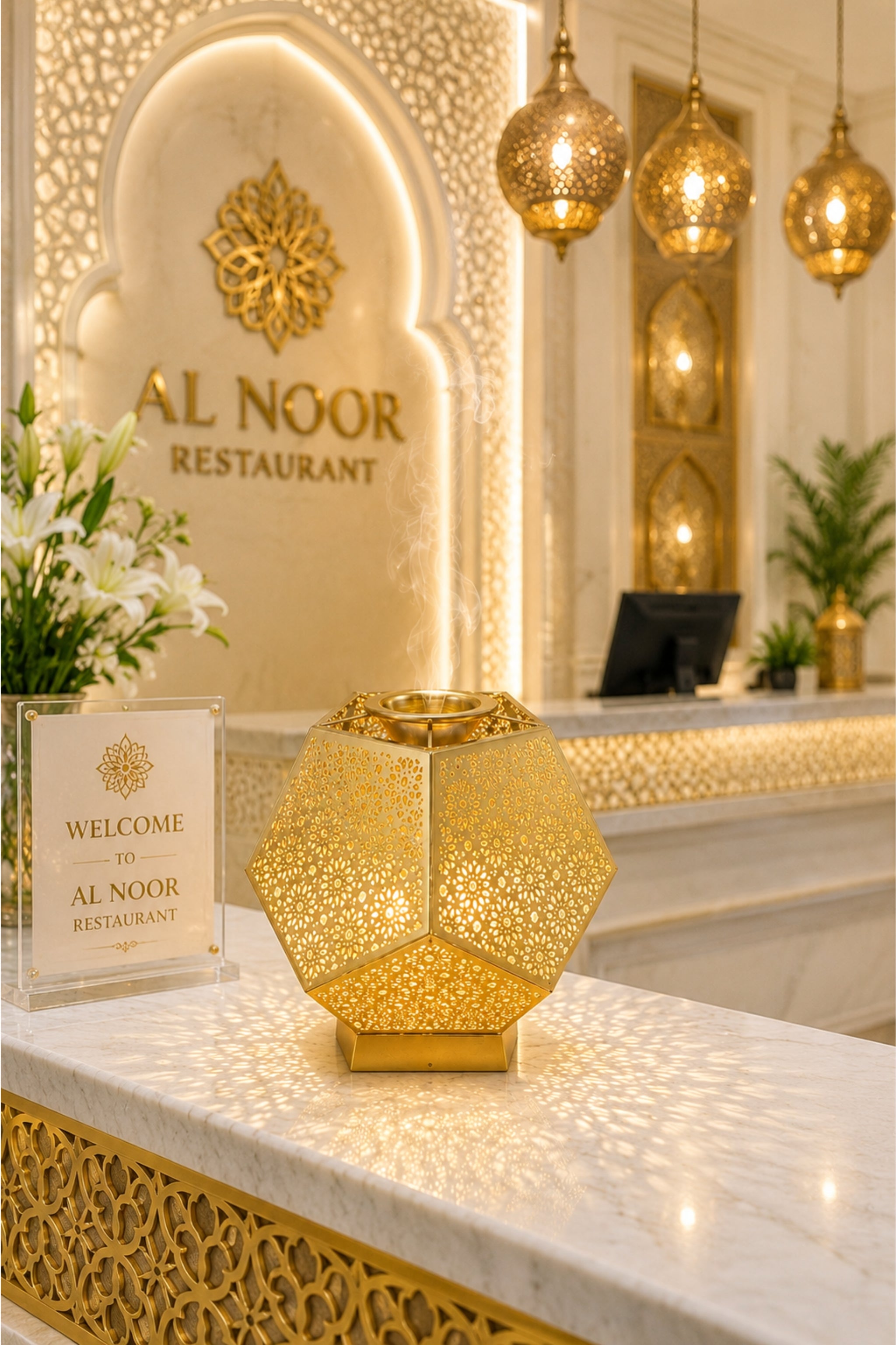 Golden Metal Electric Aroma Diffuser Lamp with Laser Cut Shadow Design | Essential Oil Burner with Warm Light for Home Décor, Bedroom, Spa, Diwali Gifting & Relaxation